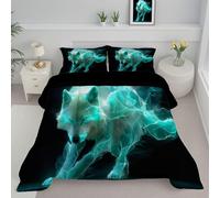 DLERFLOVR Abstract Animals Coverless Duvet Set with 1 Pillowcases, Single Reversible Duvet All Seasons with Smoke Wolf Pattern, Lightweight and Warm Down Alternative, 140x200cm, Blue