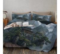 DLERFLOVR Ancient Chinese Architecture Duvet Cover - Misty Mountain Architecture Double Bedding Set with Pillowcases - Soft Quilt Cover Bed Set - Easy Care Winter Bed Linen, 200x200cm, Dark Green