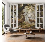 DLERFLOVR Ancient Deer Tree Photo Mural Retro Forest Window View Photo Wallpaper 3D Effect Silk Wall Covering 400x280cm Wall Art for Bedroom, Living Room, Hallway, Children's Room Decor, Brown