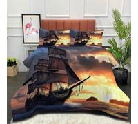 DLERFLOVR Ancient Sailing Ship Coverless Duvet Single High Seas Navigation Quilt Comforter Lightweight and Warm Bedding Sets with 2 Pillow Sham for All-Season 135x200cm Orange