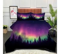 DLERFLOVR Aurora Coverless Duvet Double 2, Reversible Coverless Duvets Pine Forest Landscape Cosy and Lightweight 200x200cm Quilt with Pillowcase for All Seasons, Purple