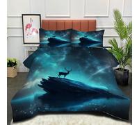 DLERFLOVR Aurora Landscape Coverless Duvet Set with 2 Pillowcases, 200x200cm Bedding Set with Deer Rock Formation Pattern, Lightweight and Warm, All Seasons Blue-Green