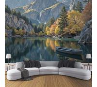 DLERFLOVR Autumn Forest Wallpaper Mural 350x256cm Wall Art Print Lake Wooden Boat Silk Wallpaper Stickers Wall Mural Decoration for Living Room, Renter, Office, Yellow-Green