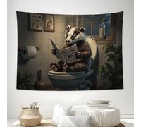 DLERFLOVR Badger Reading Newspaper In The Bathroom Tapestry, Humorous Illustrations Wall Hanging Tapestries Gray Brown Wall Art for Bedroom Living Room Dorm Aesthetic Decor, 150x130 cm
