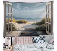 DLERFLOVR Beach Boardwalk Tapestry, 3D Window View Wall Hanging Tapestries Aesthetic Tapestry Home Decor for Bedroom Living Room Dorm, 150x130 cm, Gray