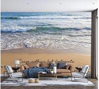 DLERFLOVR Beach Scenery Photo Wallpaper - 350x256cm Wall Mural Beach, Footprints, Words 3D Effect Art Print Silk Wall Covering for Office Bedroom Living Room Sofa TV Background Decor, Light Blue