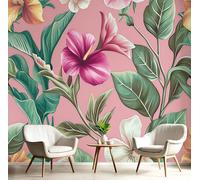 DLERFLOVR Bird of Paradise, Orchid Wallpaper 450x315cm - Tropical Flowers Wall Mural Pink Photo Wallpaper Silk Contact Paper for Living Room Bedroom TV Backdrop Hallway