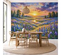 DLERFLOVR Blue Hat Iris River Photo Mural Wallpaper Rural Sunset Scenery Wall Covering Poster Silk Wall Art for Living Room, Lounge, Studio, Office Decor, 450x315cm, Orange
