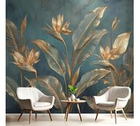 DLERFLOVR Brass Wall Sculpture Wall Paper, 350x256cm Photo Wallpaper Bird Of Paradise Flowers Poster Picture Design Modern Wall Mural Decoration for Living Room Bedroom Office, Green