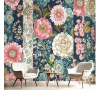 DLERFLOVR Brocade Patchwork Photo Wallpaper 400x280cm Wall Mural Traditional Floral Small Print Poster Picture Design Wall Art Decor for Living Room, Bedroom, Office, Navy Blue