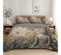DLERFLOVR Buddha Statue Under The Tree Single Duvet Cover Set, 135x200cm Ultra Soft Reversible Bedding Set with Pillowcases, Natural Zen Style Quilt Bed Cover with Zipper Closure, Deep Blue