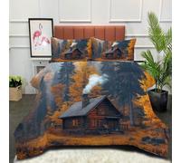 DLERFLOVR Cabin In The Woods Coverless Duvet Super King Autumn Forest Quilt Comforter Lightweight and Warm Bedding Sets with 2 Pillow Sham for All-Season 240x260cm Yellow-Brown