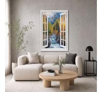 DLERFLOVR Canvas Wall Art - 30x40cm Unframed 3D Forest Fake Window Canvas Artwork Mountain Streams And Waterfalls Posters Wall Pictures for Living Room Bedroom Hallway and Stairs, Orange