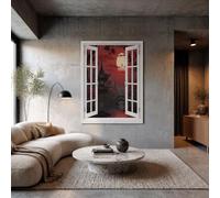 DLERFLOVR Canvas Wall Art Unframed Japanese-Style Window View Canvas Prints Artwork Retro Pavilion Night View Art Print Wall Poster Decor for Living Room, Hallway or Office, 30x40cm, Red