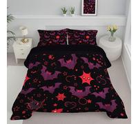 DLERFLOVR Cartoon Halloween Coverless Duvet Set with 2 Pillowcases, Single Reversible Duvet All Seasons with Bats And Stars Pattern, Lightweight and Warm Down Alternative, 140x200cm, Red