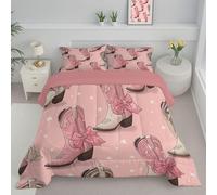 DLERFLOVR Cartoon Style Coverless Duvet Set with 2 Pillowcases, Single Reversible Duvet All Seasons with Cute Cowboy Boots With Bows Pattern, Lightweight and Warm Down Alternative, 135x200cm, Pink