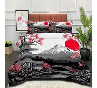 DLERFLOVR Cherry Blossom Trees Coverless Duvet Double 2, Coverless Duvets Japanese Architecture Cosy and Lightweight 200x200cm Quilt with Pillowcase for All Seasons, Dark Gray