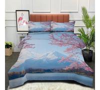 DLERFLOVR Cherry Blossoms By The Lake Coverless Duvet King Lightweight and Warm Bedding Japanese Mountains Down Alternative with Pillow Shams for All Seasons 230x220cm Light Blue