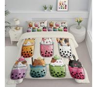 DLERFLOVR Clipart Style Coverless Duvet Set with 2 Pillowcases, Super King Reversible Duvet All Seasons with Milk Tea Cat Pattern, Lightweight and Warm Down Alternative, 240x260cm, Multicolor