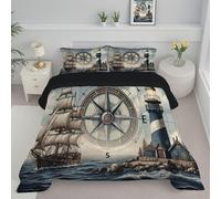 DLERFLOVR Coverless Single Duvet Reversible Duvet Nautical Landscape Comforter Set Lighthouse Sailboat Bed Quilt for All Seasons Down Alternative Comforter with 2 Pillowcases, 140x200cm, Gray-Blue
