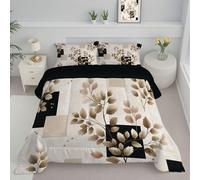DLERFLOVR Coverless Super King Duvet, 260x230cm Simple Style All Season Coverless Duvet Set Washable Color Blocks And Leaves Reversible Quilt Down Alternative Comforter with Pillowcases, Cream