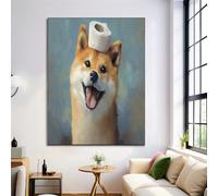 DLERFLOVR Cute Shiba Inu Canvas Wall Art Animal Oil Painting Pictures Printed Poster Wall Decor for Bedroom Living Room Bathroom 40 x 60 cm Frameless - Gray Blue