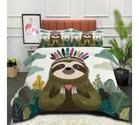 DLERFLOVR Cute Sloth Coverless Duvet 230x220cm All Seasons Quilt Cartoon Forest Coverless Bedding Set Lightweight Comfort Duvets with Pillowcases, Sage Green