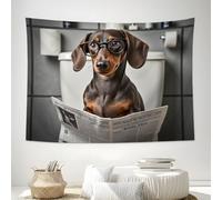DLERFLOVR Dachshund Reading Newspaper On The Toilet Tapestry, 230x180 cm Wall Tapestries Anthropomorphic Animals Aesthetic Wall Hanging for Bedroom Living Room Dorm Backdrop Decor, Grey