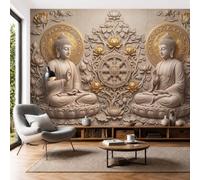 DLERFLOVR Dark Zen-Inspired Relief Wall Murals, 450x315cm Photo Mural Printed Twin Buddhas Wall Covering Fabric, Large Photo Wallpaper for Living Room Bedroom Meditation Room and Yoga Spaces, Khaki
