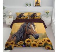 DLERFLOVR Double Coverless Duvet, Reversible Coverless Duvet Beautiful Horse Washable Quilt Sunflower Field Lightweight Down Alternative Comforter Bed Set with Pillowcases for All Season, Turmeric