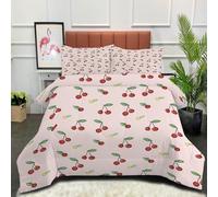 DLERFLOVR Double Duvet - Cartoon Cherry Coverless Duvet - All Seasons Animation Style Duvet- Quilt with Pillowcases - Lightweight Washable Comforter 200x200cm Light Pink