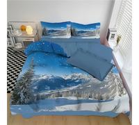 DLERFLOVR Double Duvet Cover Set Alps Reversible Quilt Cover Winter Mountains Soft Touch Bedding Set Non Iron Easy to Clean with Pillowcases and Zipper Closure, Blue