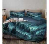 DLERFLOVR Double Duvet Set Misty Forest Landscape 3Pine Forest Soft Quilt Cover Non Iron Luxury Bedding Sets with Zipper Closure and Pillowcases, 200x200cm, Dark Green