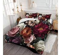 DLERFLOVR Double Duvet Set, Soft Dark Rose Bush Coverless Duvet with 2 Pillowcases, Flower Oil Painting Style Down Alternative Bedding Quilted Comforter Sets for All Seasons, 200x200cm Burgundy Red