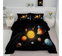 DLERFLOVR Down Alternative Comforter Set with 1 Shams Planets And The Sun Reversible Coverless Duvet Cartoon Solar System Soft Warm Bed Quilt - Machine Washable for All Seasons 135x200cm, Black