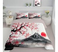 DLERFLOVR Down Alternative Comforter Set with 1 Shams Sakura Red Sun Reversible Coverless Duvet Watercolor Landscape Painting Soft Warm Bed Quilt - Machine Washable for All Seasons 240x260cm, Grey