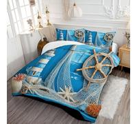 DLERFLOVR Down Alternative Comforter Set with 2 Shams Fishing Nets And Lighthouse Coverless Duvet Nautical Theme Soft Warm Bed Quilt - Machine Washable for All Seasons 240x260cm, Blue