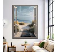 DLERFLOVR Dune Beach Canvas Wall Art, 3D Window View Posters And Prints Canvas Wall Pictures for Bedroom, Living Room, Office Decor 50 x 70 cm Unframed, Grey