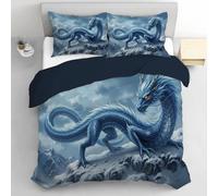 DLERFLOVR Eastern Shenlong Snow Mountain Duvet Cover Sets, Reversible Double Bedding Bed Set, Eastern Mythology Comforter Cover with Zipper Closure and 2 Pillowcases 50x75 cm, Light Blue