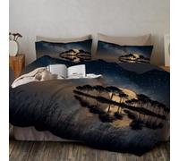 DLERFLOVR Fantasy Starry Sky Duvet Cover Set, 135x200cm Trees Reflected In The Lake Bedding Quilt Cover with Pillowcases Reversible Design Easy Care Single Bed Sets with Zipper Closure, Dark Blue