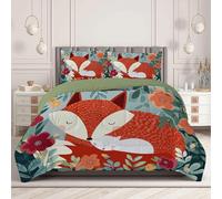 DLERFLOVR Flowers Grass Leaves Coverless Duvet, 200x200cm Soft Warm Autumn Winter Double Bedding Set Animal Fox Washable Quilted Duvets with Pillowcase for All Season, Red