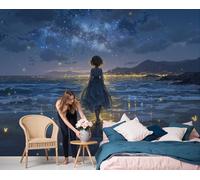 DLERFLOVR Girl's Beach Night View Wall Mural - 200x140cm Blue-Purple 3D Effect Photo Wallpaper Japanese Anime Panoramic Wall Art Poster for Living Room Bedroom Office Decoration, Blue-Purple