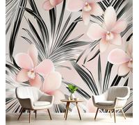 DLERFLOVR Glowing Orchid Wallpaper 450x315cm - Black and White Palm Leaves Wall Mural Blush Photo Wallpaper Silk Contact Paper for Living Room Bedroom TV Backdrop Hallway