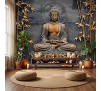 DLERFLOVR Golden Buddha Statue Photo Wallpaper Eastern Zen Wall Mural Silk Wall Décor Art Poster Picture Design for Living Room Bedroom Dorm Décor 300x210cm