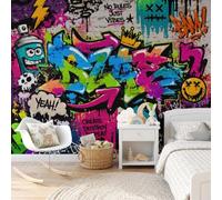 DLERFLOVR Graffiti Art Photo Wallpaper Panoramic 400x280cm | Premium Silk Wall Mural, Spray Paint Skull Large Wall Decoration to Cover Bad Walls for Living Room Bedroom Kids Room