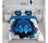 DLERFLOVR Graffiti Starry Sky Coverless Duvet Set with 2 Pillowcases, Super King Reversible Duvet All Seasons with Blue Wolf Head Pattern, Lightweight and Warm Down Alternative, 240x260cm, Indigo