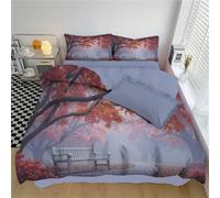DLERFLOVR Grey Double Duvet Cover Sets - Autumn Leaves On A Park Bench Bedding Set Autumn Park Soft Polyester Reversible Quilt Cover Easy Care Bed Linen Sets with 2 Pillowcases, 200x200cm, Grey