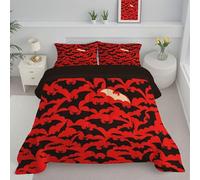 DLERFLOVR Halloween Style Coverless Duvet Set with 2 Pillowcases, Super King Reversible Duvet All Seasons with Gothic Bat Pattern, Lightweight and Warm Down Alternative, 240x260cm, Red
