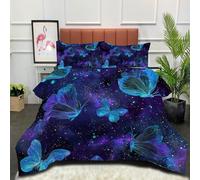 DLERFLOVR Holographic Butterfly Duvet Set, Neon Galaxy Soft Coverless Duvet with 2 Pillowcases, Down Alternative Bedding Comforter Sets for All Seasons, Indigo 200x200cm