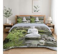 DLERFLOVR Japanese-Style Water Feature Garden Reversible Double Duvet Cover Set with Pillowcases, White Buddha In The Pool Duvet Cover Reversible Quilt Cover Bedding Set, 200x200cm, White